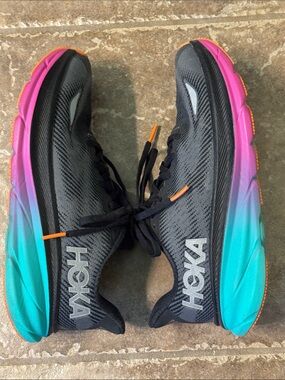 Hoka Women’s Hoka Black Sneakers with Pink-to-Teal Gradient Sole